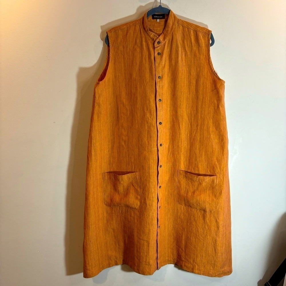 ESKANDAR Sz 1 (vanity) Dress Tunic Mao Collar Patch Pockets 100% Linen Unlined